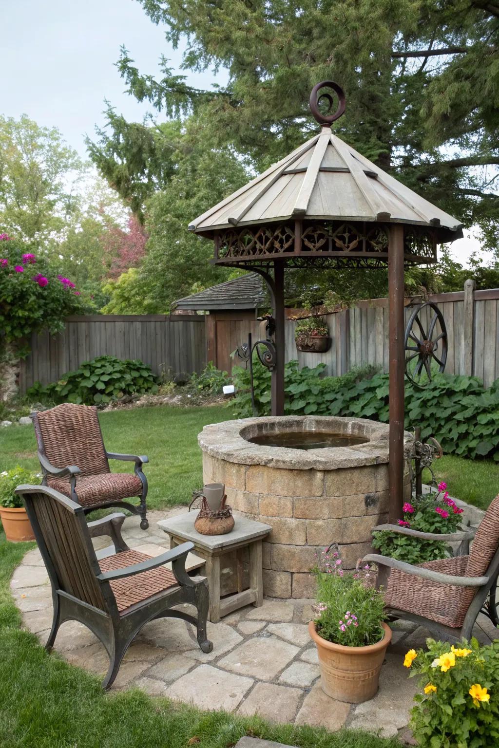 Wishing wells can anchor backyard relaxation areas.