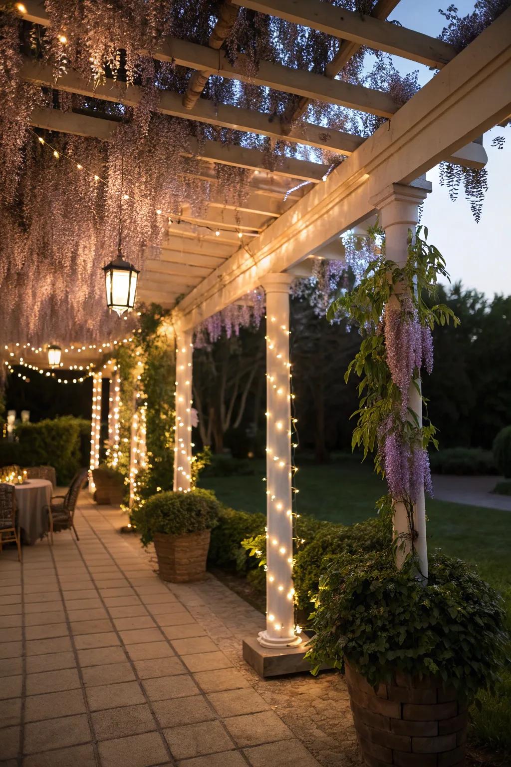 A magical evening setting with wisteria and twinkling lights.