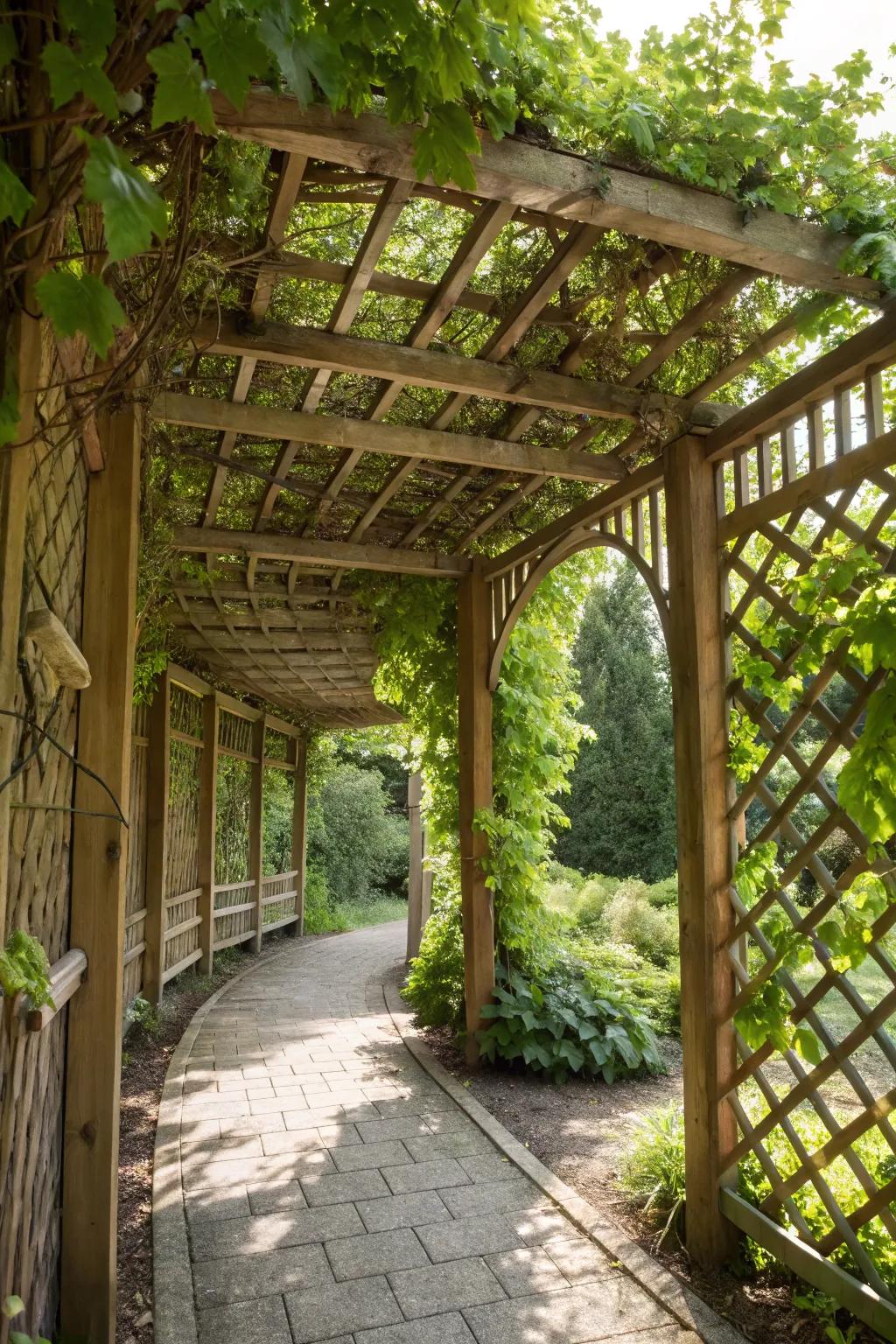 Wooden arbor with trellis roof, offering shade and beauty.