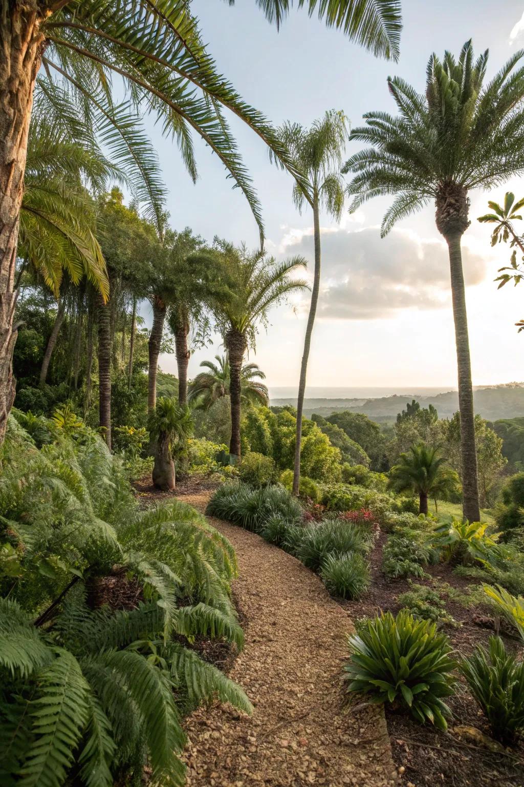 A tropical oasis with wood chip ground cover.
