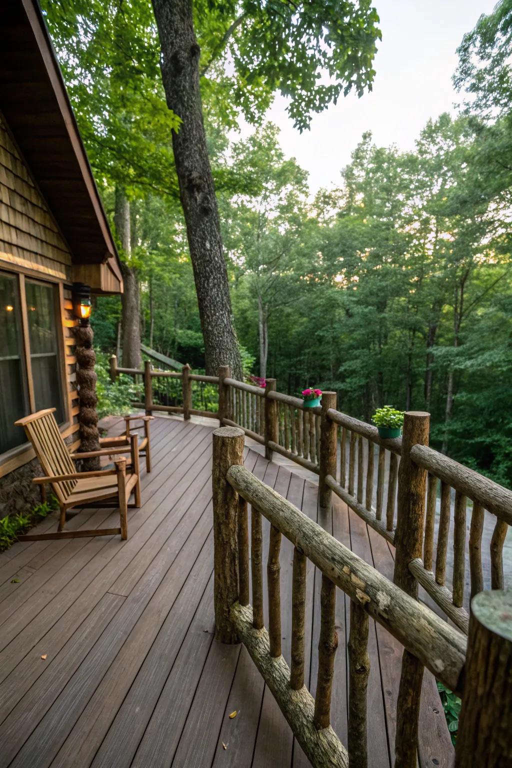 Rustic log railings bring a cabin-like charm to your outdoor space.