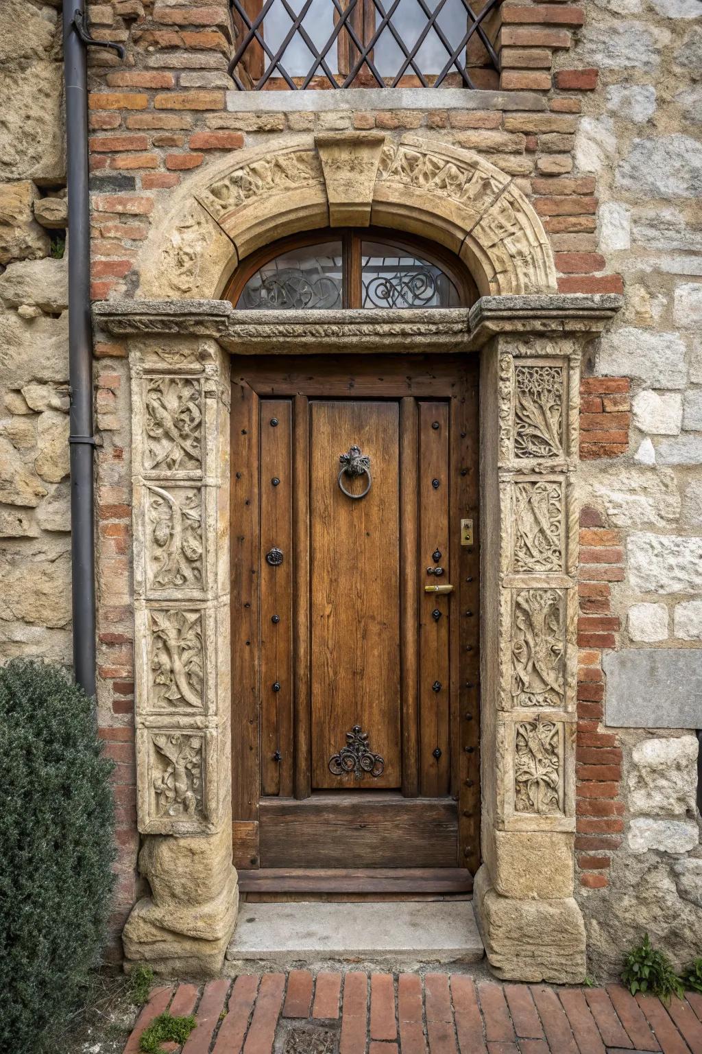 Architectural accents enhance the beauty of a wooden door.