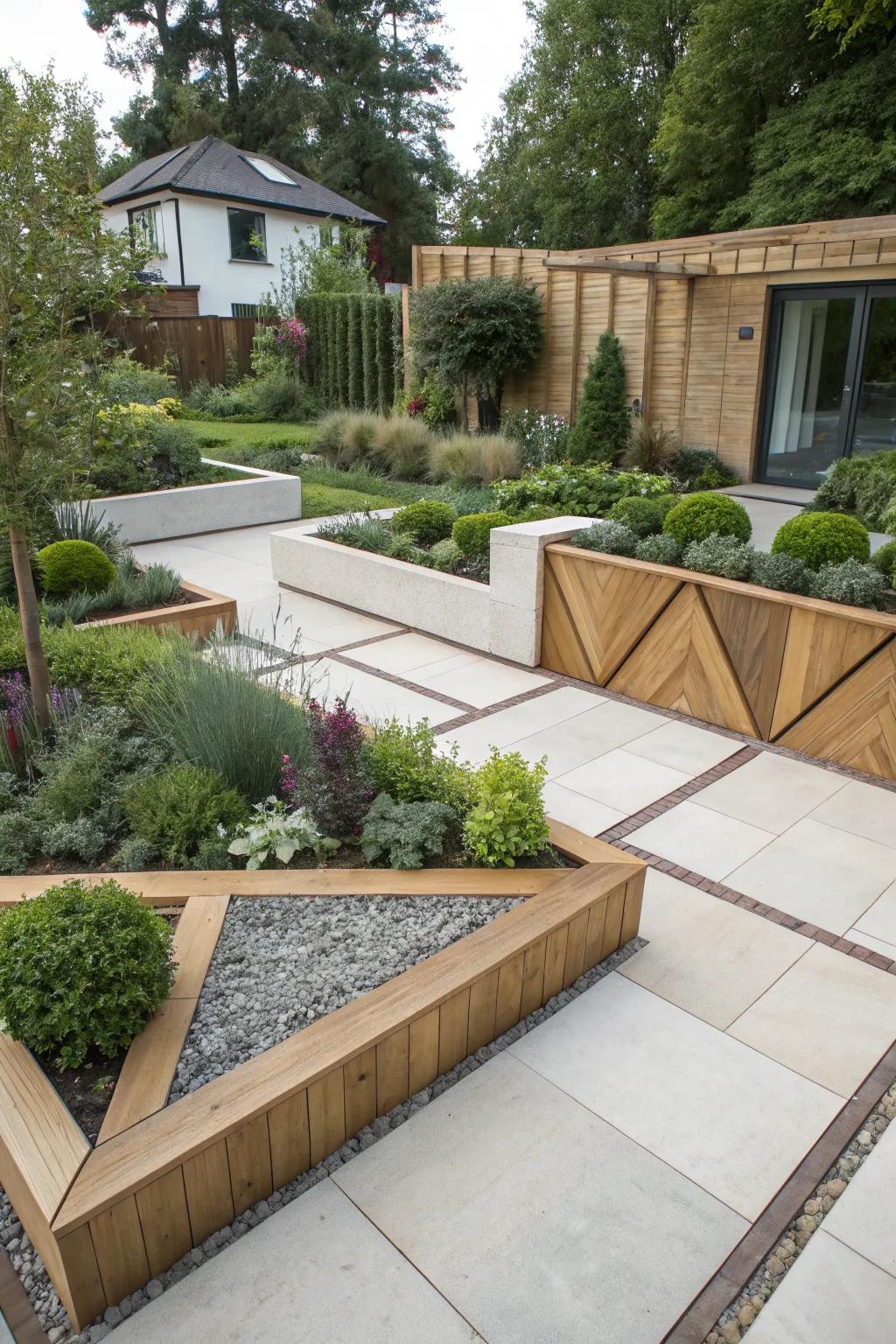 Geometric wooden patterns bring a modern flair to garden designs.
