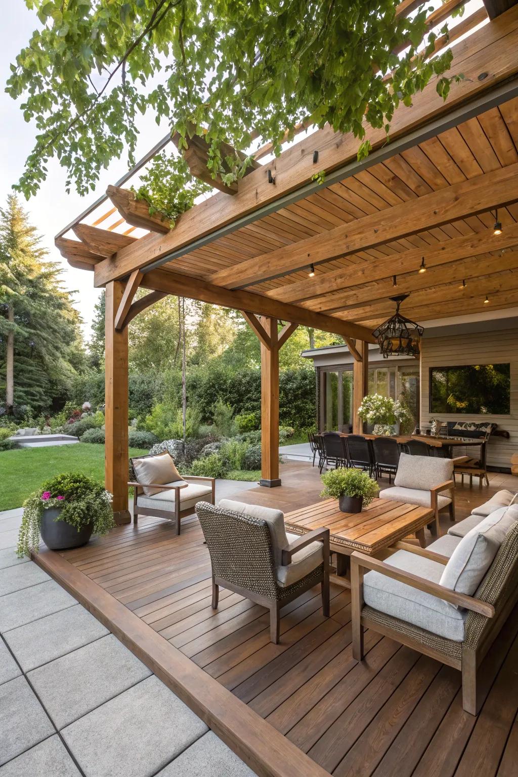A wood patio cover can turn your space into an entertainment hub.