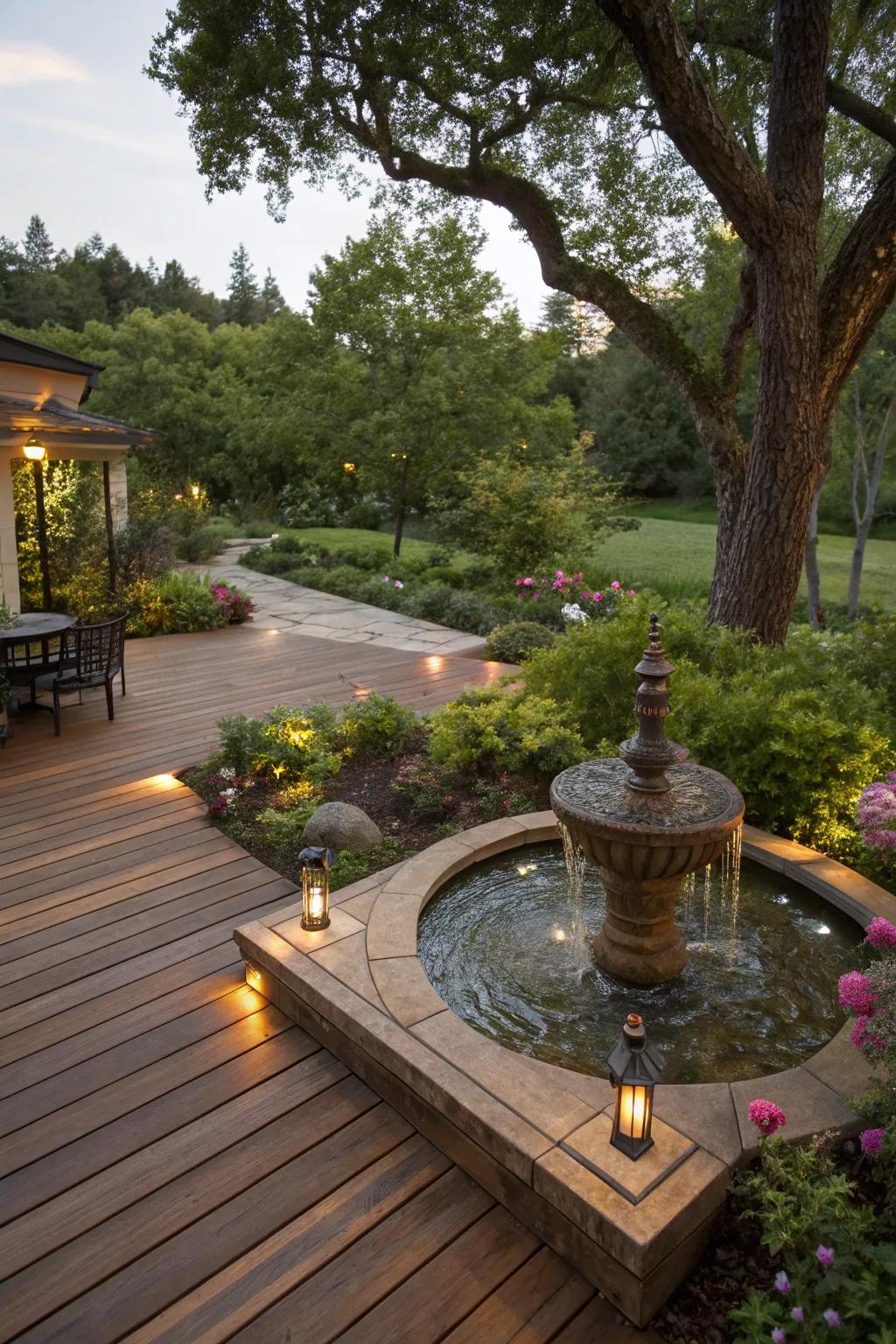 A wooden patio deck enhanced by a calming water feature.