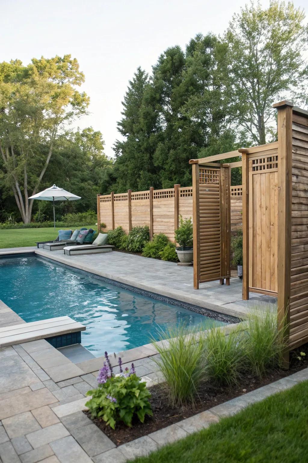 Wooden privacy screens provide adjustable seclusion for your pool.