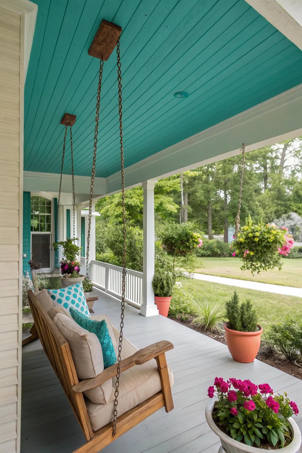 Vibrant teal ceiling adds a playful touch.