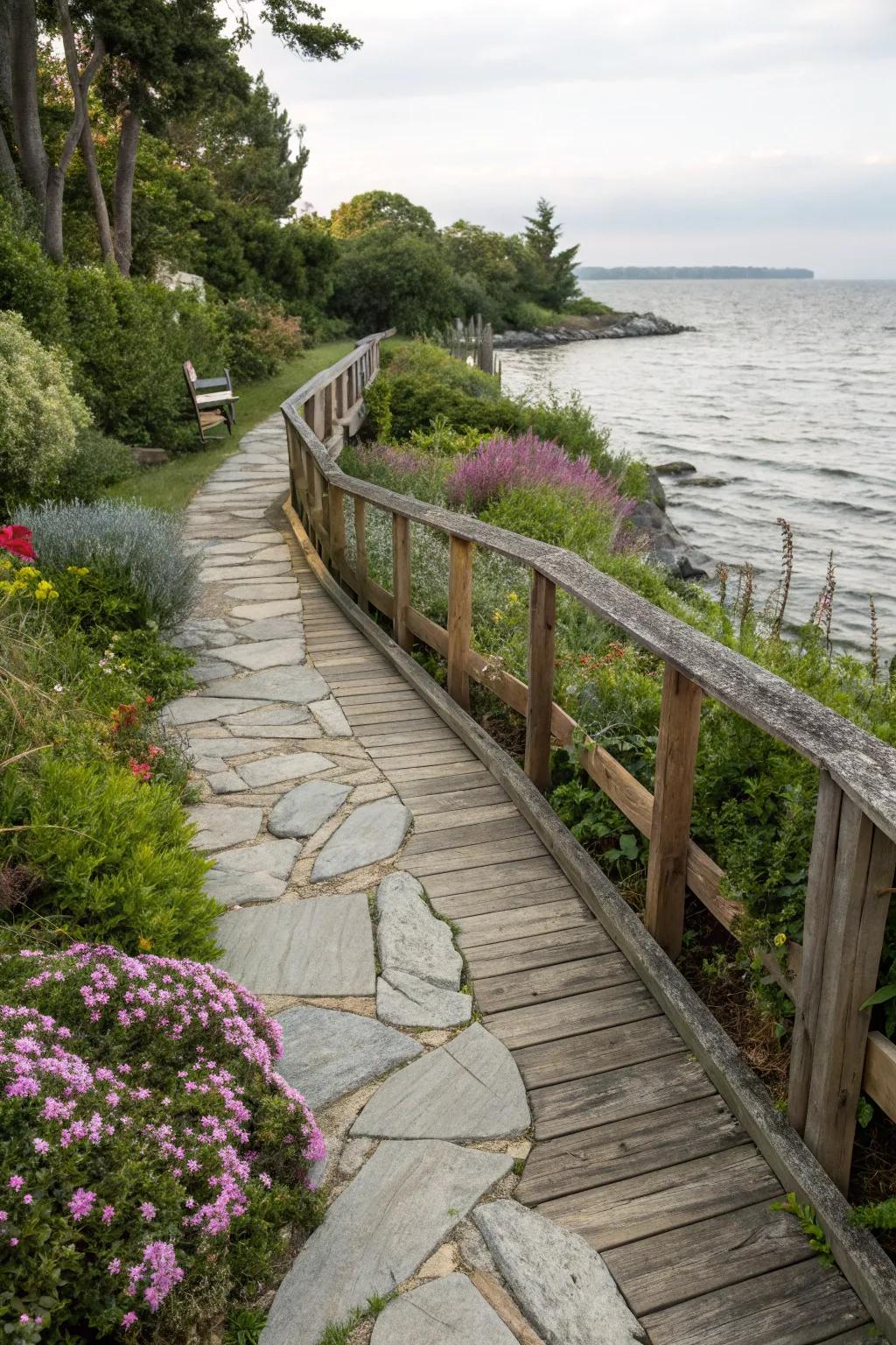 A natural stone pathway invites exploration along the wooden seawall.