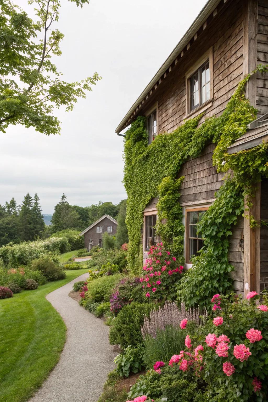Natural elements create a living wall effect.