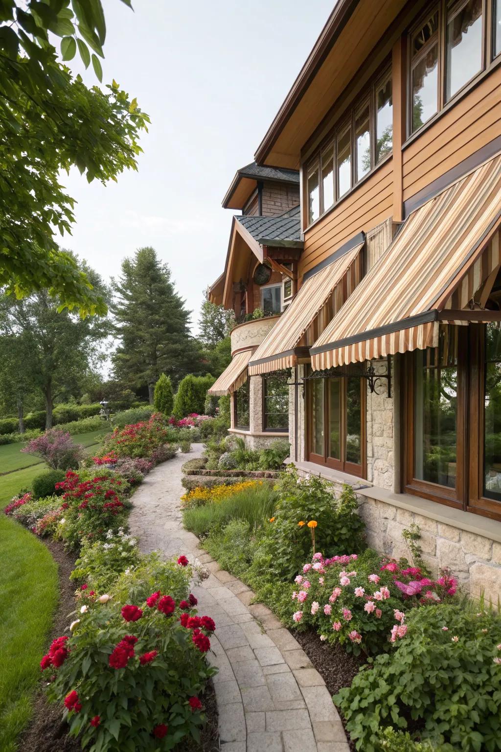 Tiered wood awnings add depth and dimension to flat home facades.