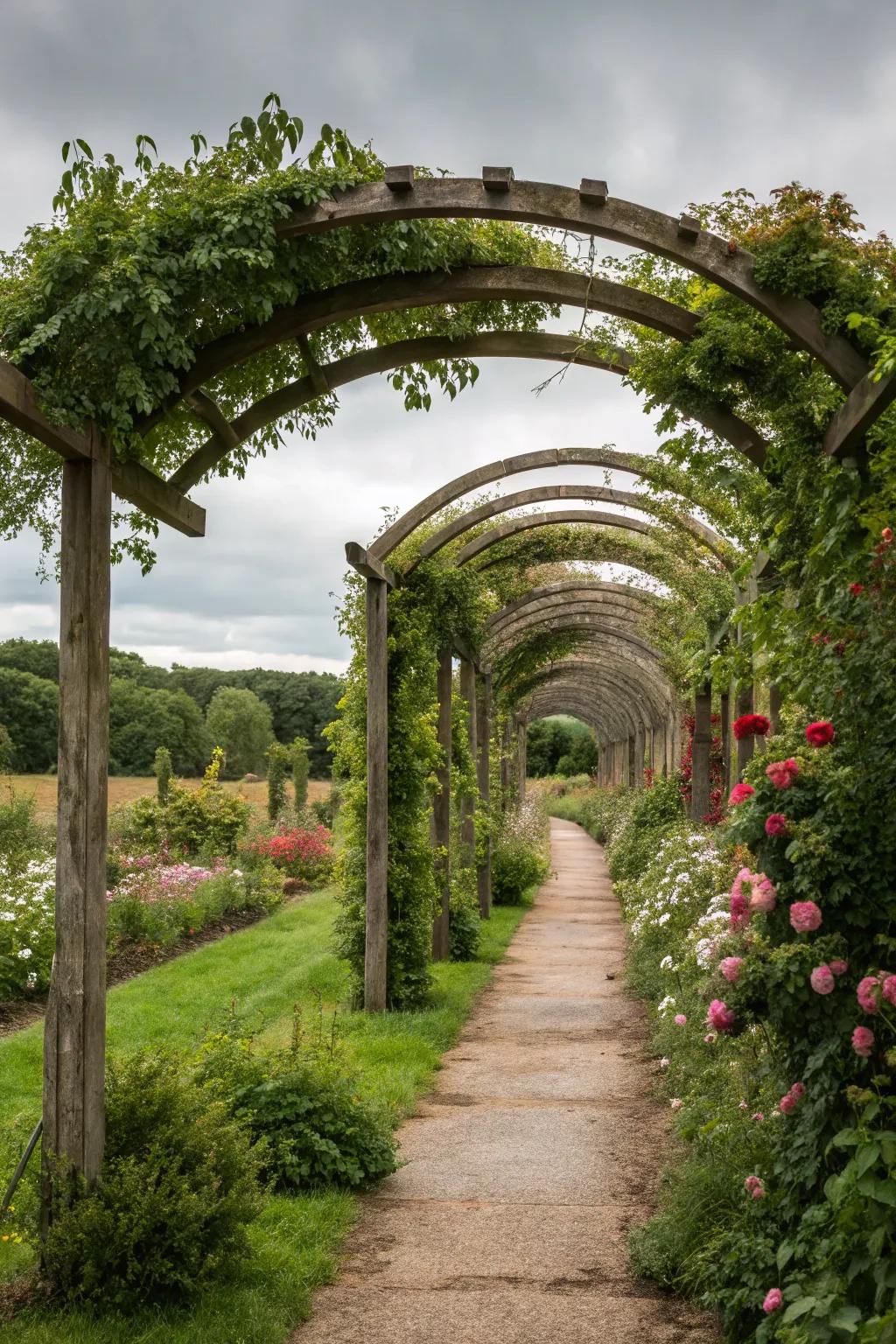 A whimsical tunnel effect with multiple arbors.