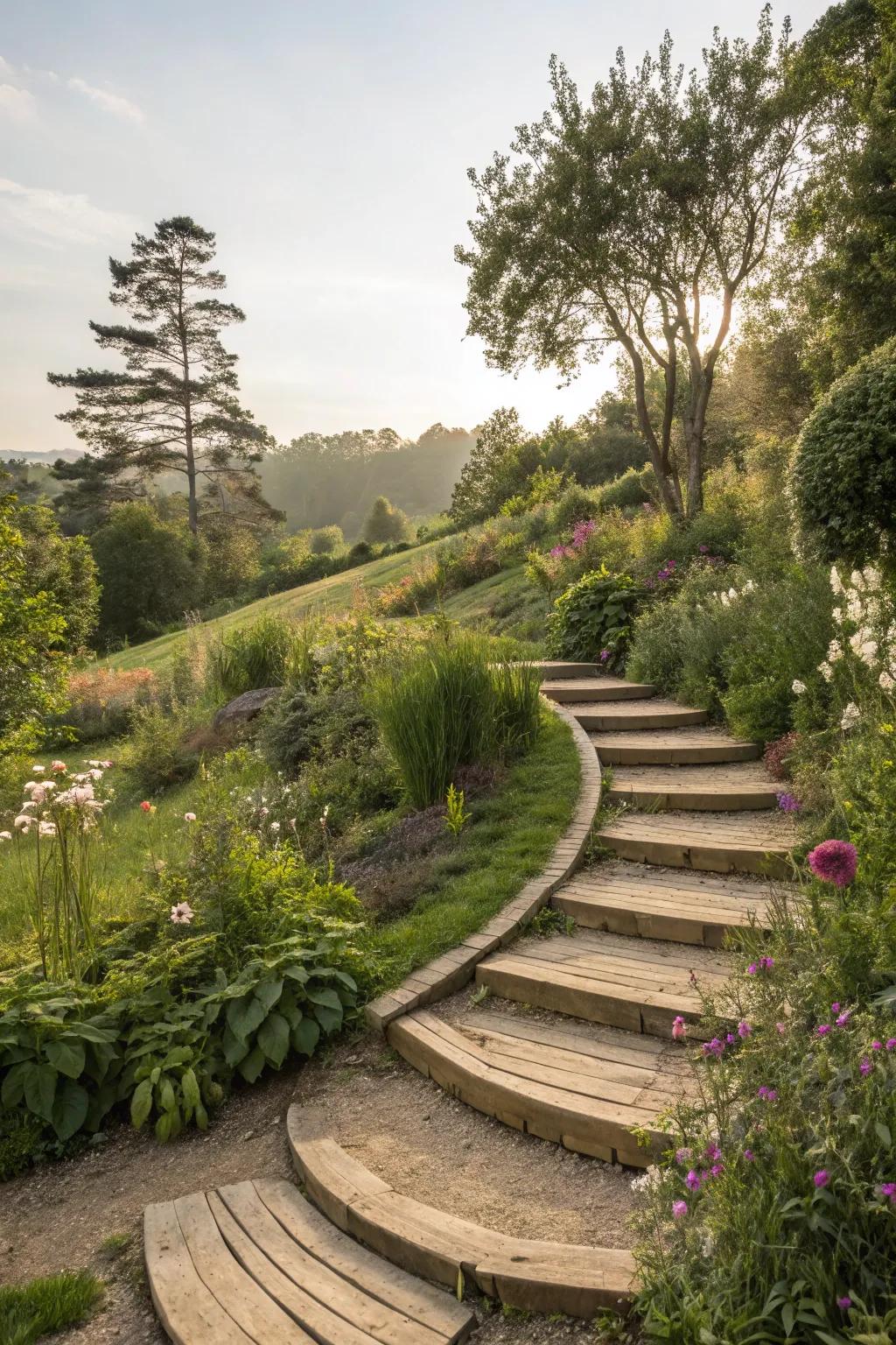 Curved wooden steps creating a natural garden flow.