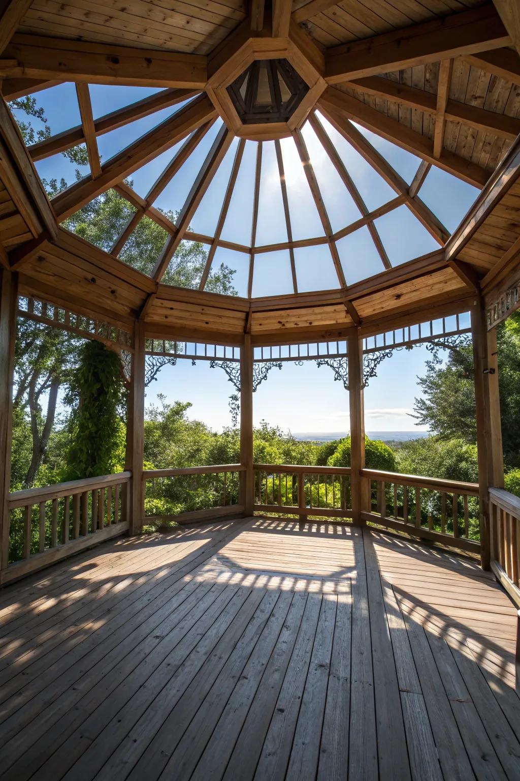 A gazebo with skylights, creating a bright and airy atmosphere.