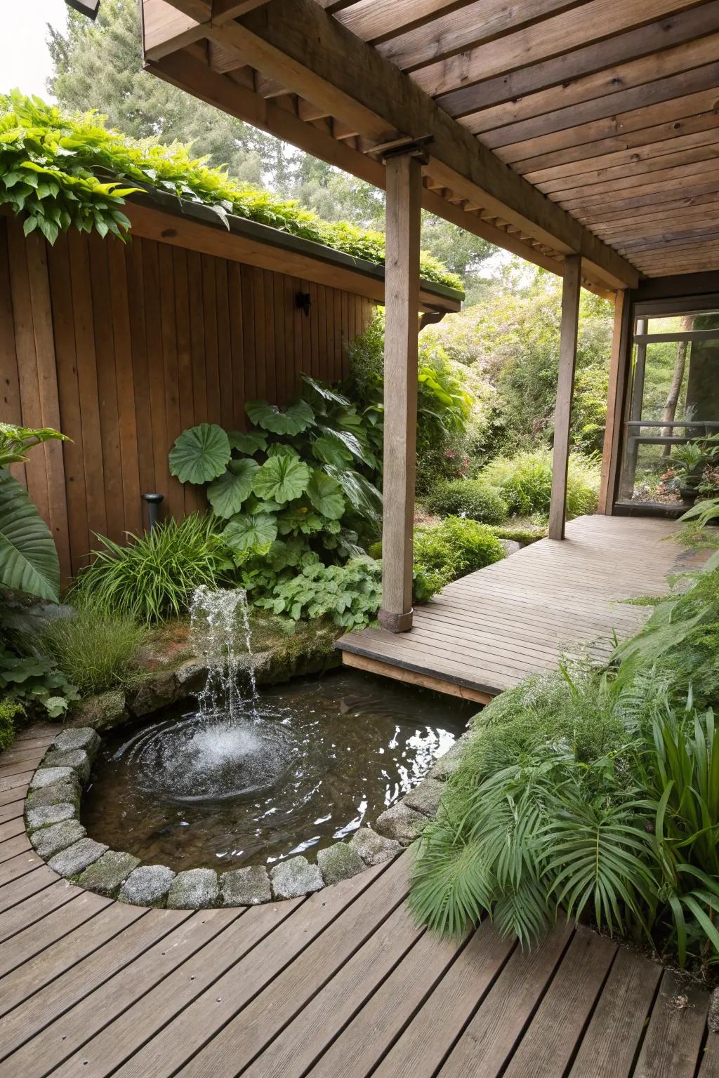 Water features add tranquility to wooden patios.