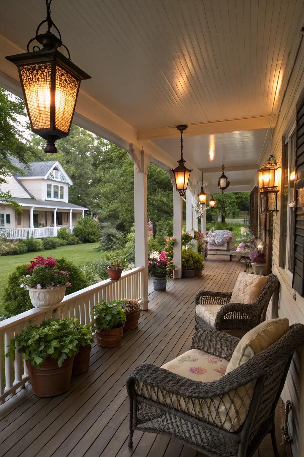 Vintage lighting on a wrap around porch