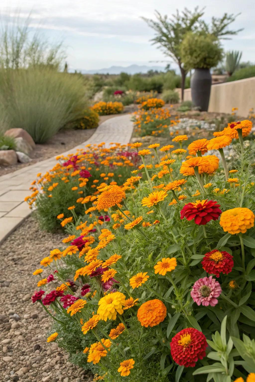 Drought-tolerant annuals add seasonal color.