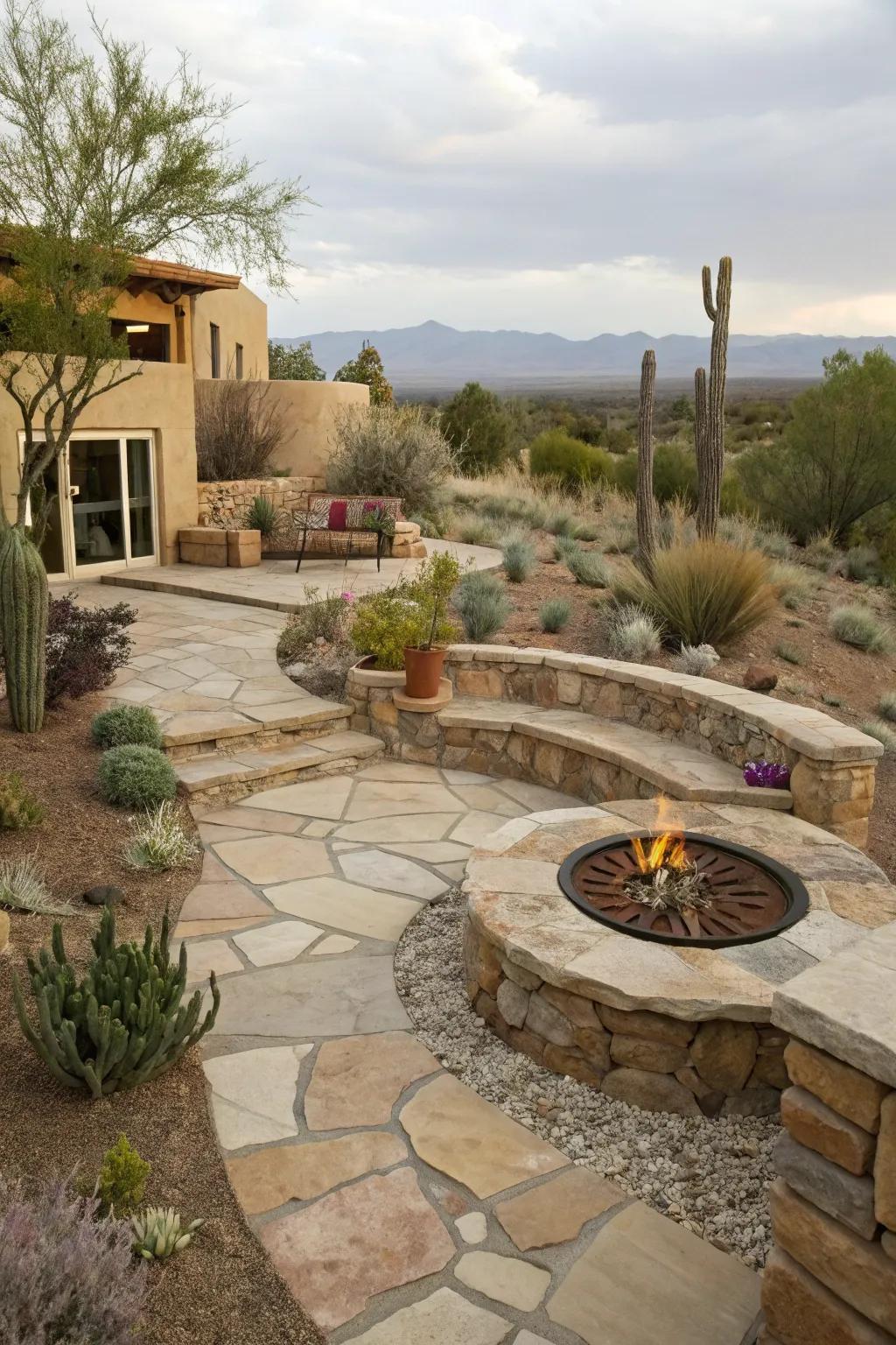 A xeriscape garden featuring a stone patio and fire pit in New Mexico.