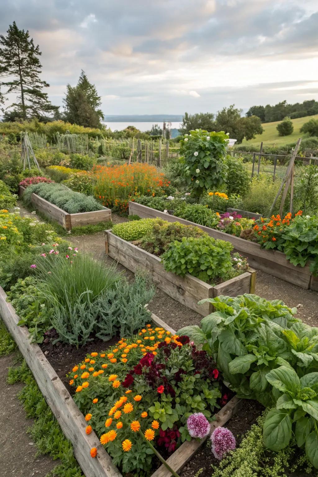 An edible garden island providing beauty and nourishment.