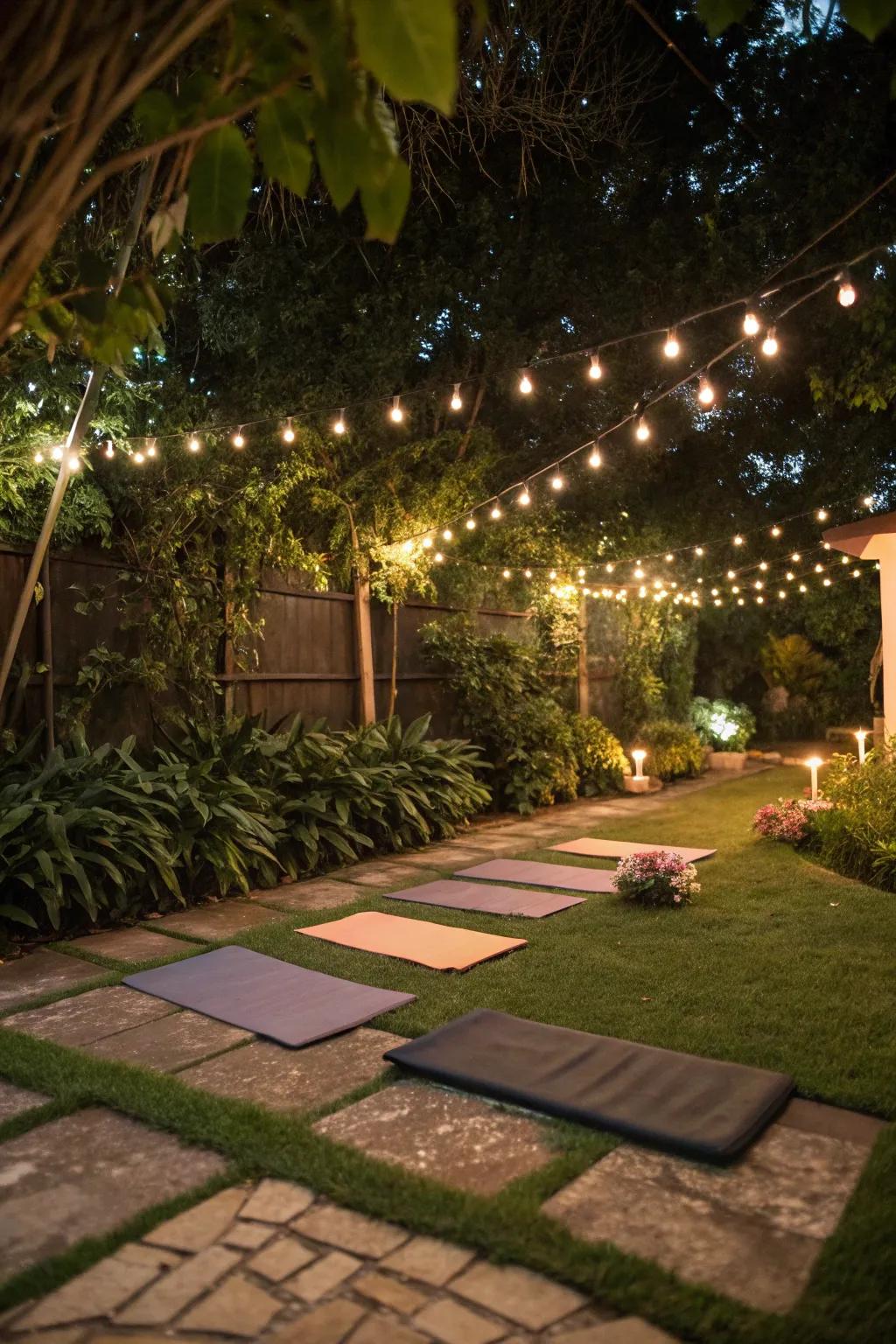 String lights add magic to your yoga garden.