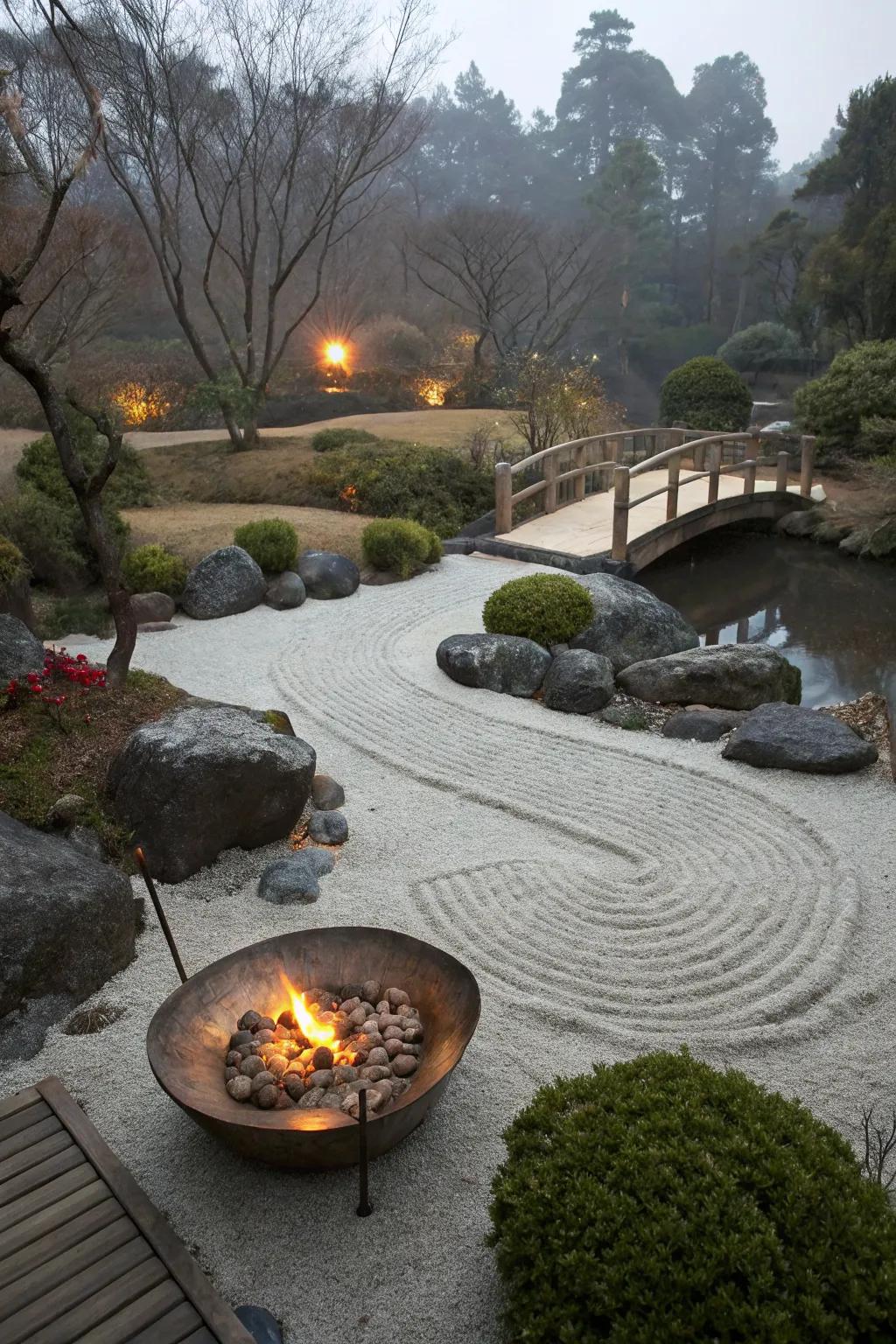 A zen fire bowl offers warmth and a cozy ambiance.