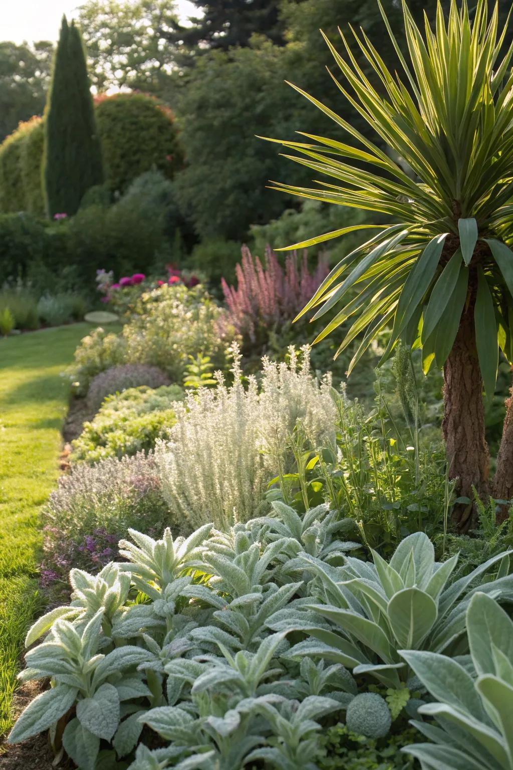Contrasting textures creating visual interest in a zone 7 garden.