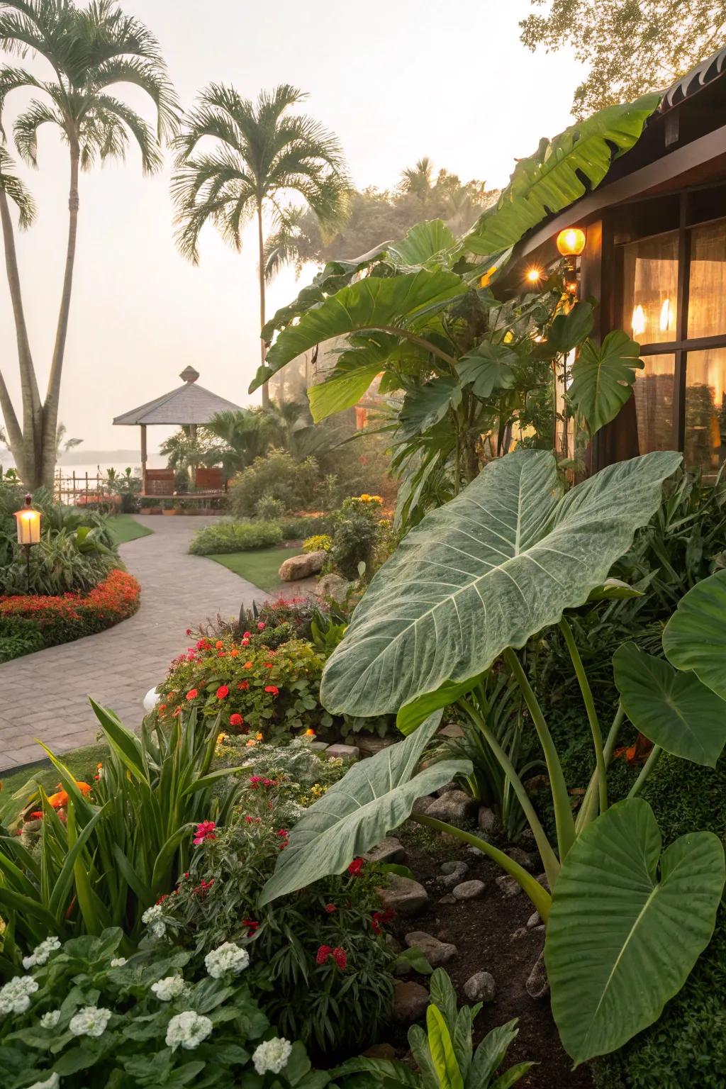 A tropical-themed zone 8b garden with bold elephant ear plants.