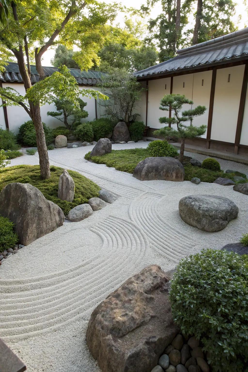 A Zen garden with rocks, sand, and minimalist plantings.