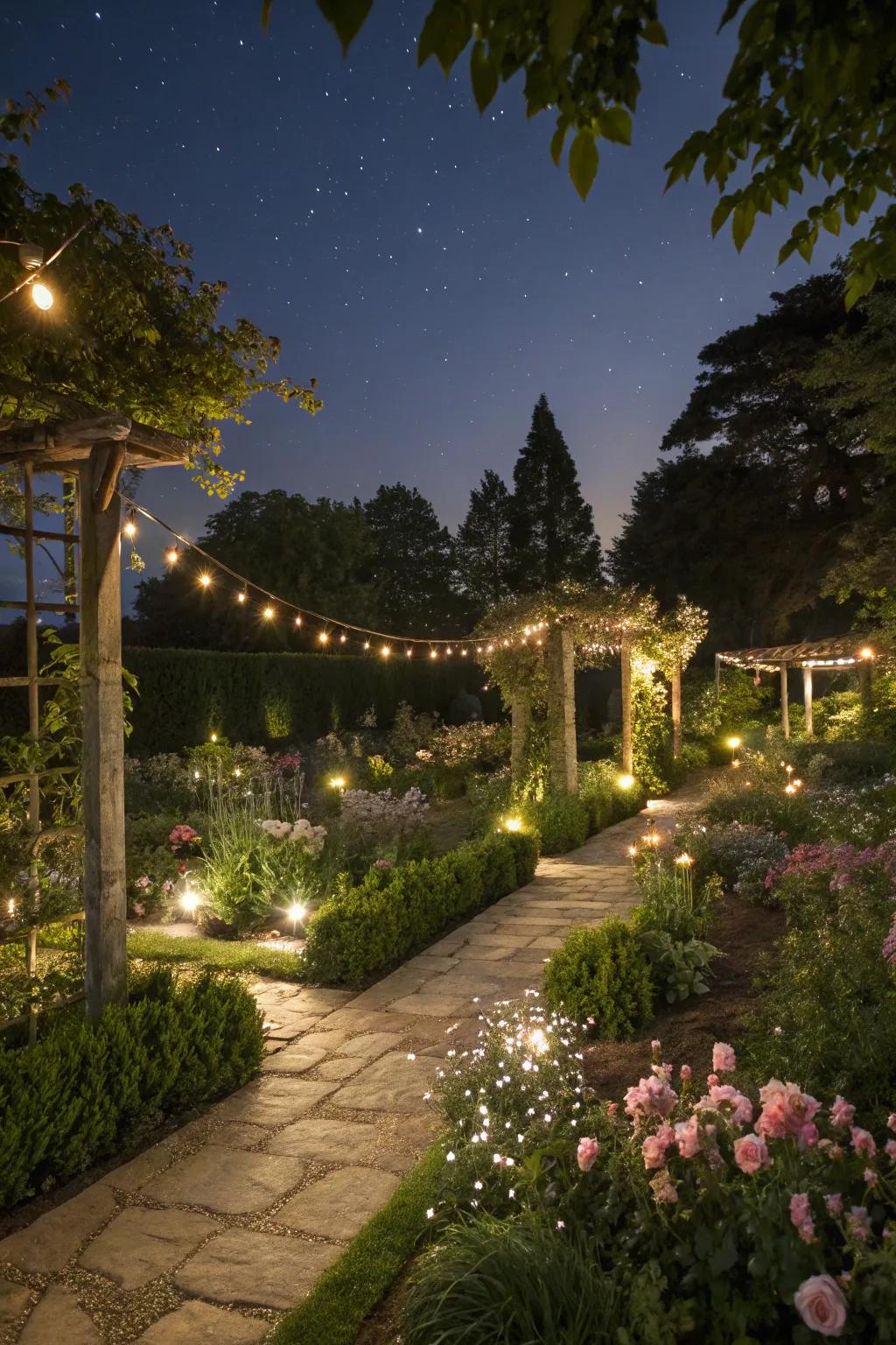 A magical zone 9b garden illuminated by nighttime lighting.