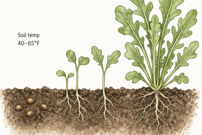 Botanical illustration showing the three growth stages of arugula from sowing seeds to thinning and harvesting