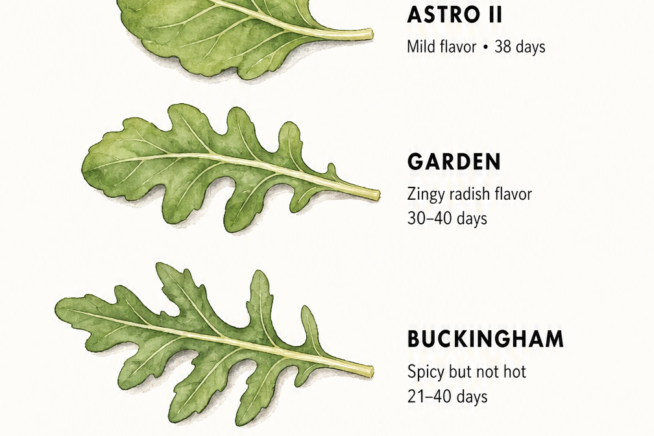Illustration of four arugula varieties showing different leaf shapes and flavor profiles from mild to sharp