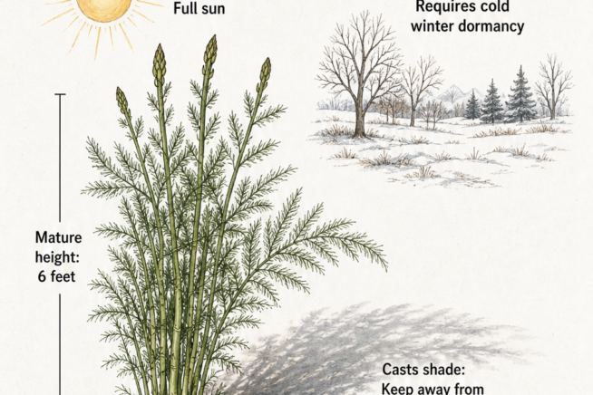 Illustration of a mature asparagus plant showing its 6-foot height, shade cast, and deep perennial roots.