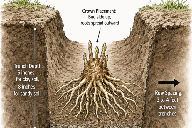 Botanical cross-section illustration showing how to plant asparagus crowns in a trench with measurements for depth, width, and spacing.
