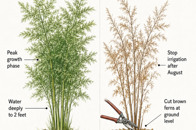 Botanical illustration showing the seasonal life cycle of an asparagus fern, comparing peak summer growth with deep roots to late fall dormancy with pruning...