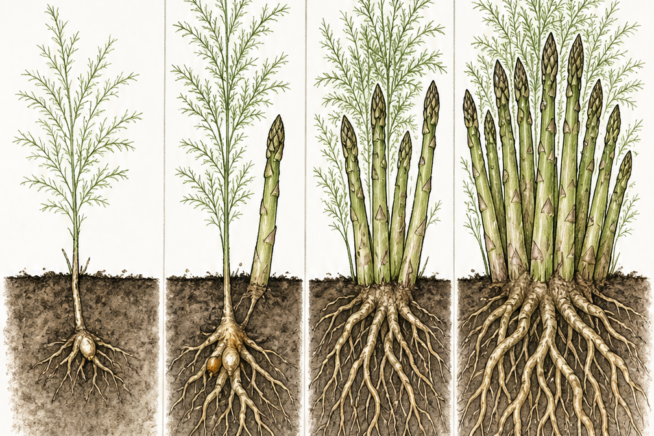 Four botanical illustrations showing asparagus root growth and harvesting rules from year one to year five and beyond.