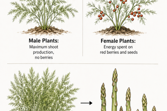 Illustration comparing male and female asparagus plants and a timeline showing when to harvest asparagus shoots.
