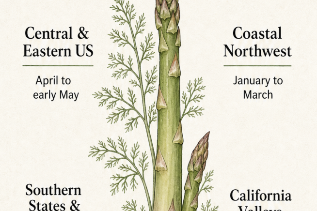 Botanical illustration showing asparagus planting windows for different US climates, including Central, Eastern, Southern, and Coastal regions.