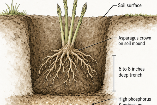 Botanical cross-section illustration showing how to plant asparagus in a trench with fertilizer below the crown.