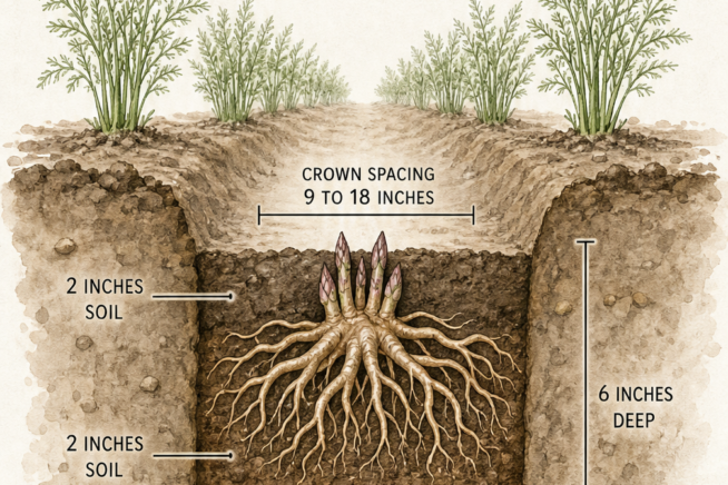 Cross-section illustration of an asparagus planting trench showing a 16-inch width, 6-inch depth, fertilizer layer, soil layers, and crown spacing.