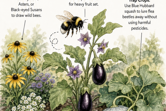 Illustration of a bumblebee pollinating an eggplant flower, surrounded by companion plants like Black-eyed Susans, Alyssum, and Blue Hubbard squash.