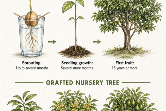 Illustration comparing the slow growth of an avocado tree from seed versus the faster fruiting timeline of a grafted nursery tree.