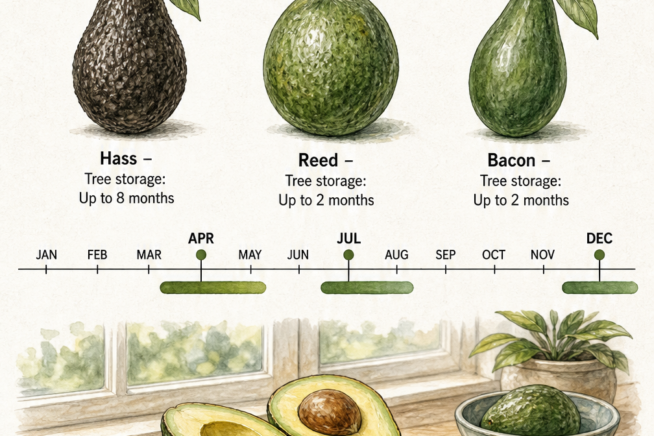 Calendar showing harvest seasons for Hass, Reed, and Bacon avocado varieties, plus post-harvest ripening times.