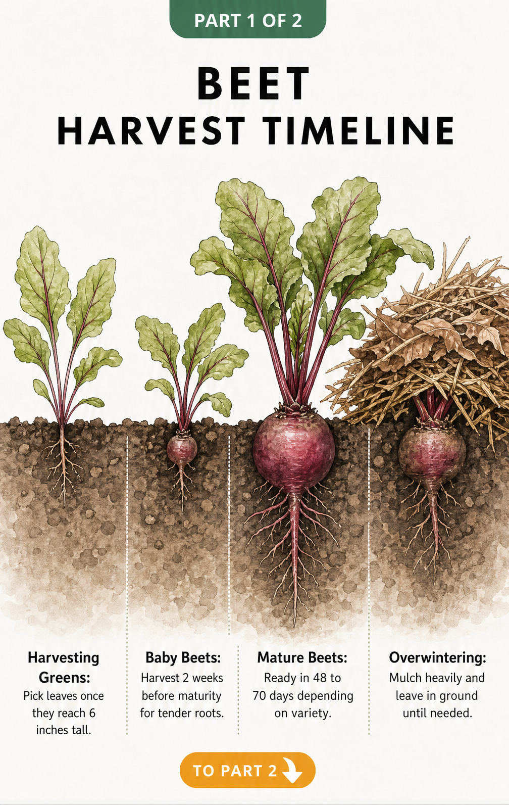 Botanical illustration showing four stages of beet growth and harvest: harvesting greens, baby beets, mature beets, and overwintering.