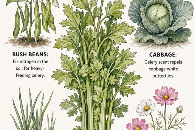 Botanical illustration showing celery planted alongside bush beans, cabbage, onions, and cosmos, highlighting their mutual benefits.