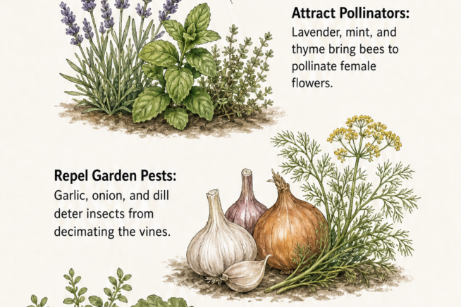 Hand-drawn illustration of a pumpkin surrounded by companion plants like lavender, garlic, and marjoram