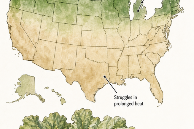 Illustrated map of the United States highlighting northern states as ideal cool climates for growing rhubarb