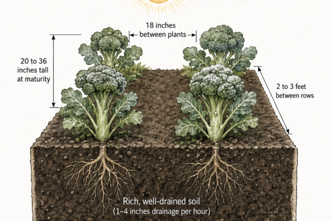 Isometric cross-section of a broccoli garden bed showing plant spacing, soil depth, and sunlight needs