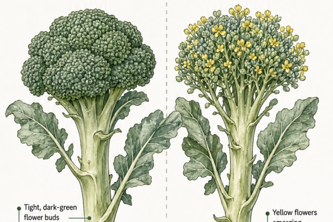 Illustration comparing a perfect, tight dark-green broccoli head ready for harvest with an overripe head showing yellow flowers.