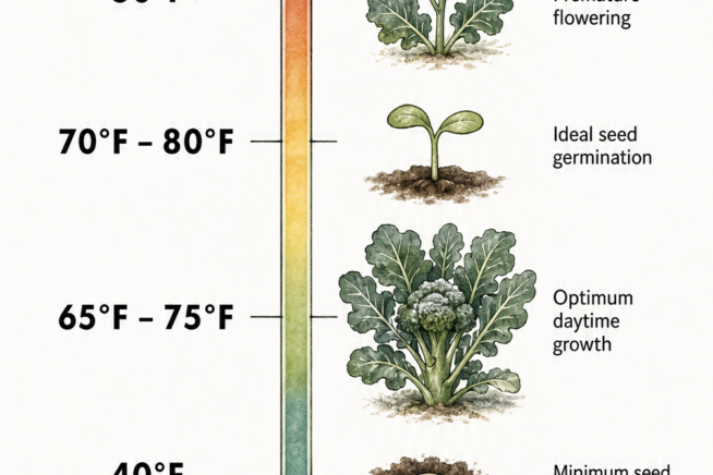 Botanical illustration showing broccoli temperature tolerance from 20 to 80 degrees Fahrenheit