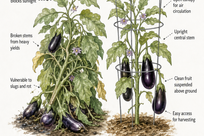 Illustration comparing an uncaged, drooping eggplant with fruit on the ground to a healthy, upright eggplant supported by a wire cage.