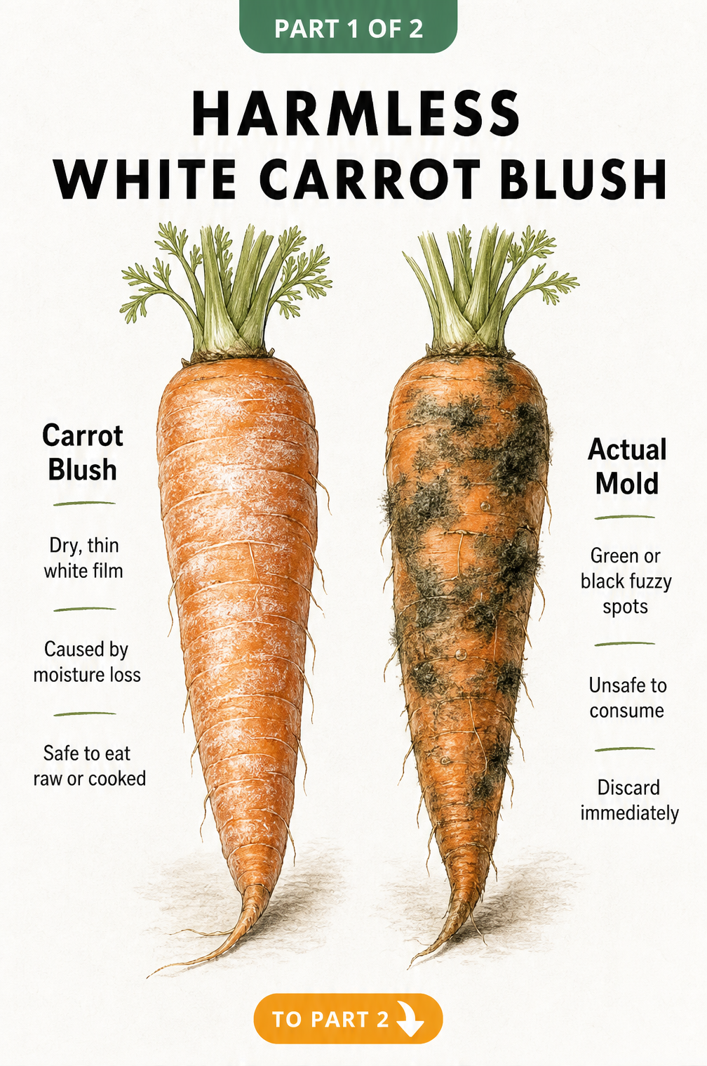 Illustration comparing harmless white carrot blush from dehydration to actual dark fuzzy mold on carrots